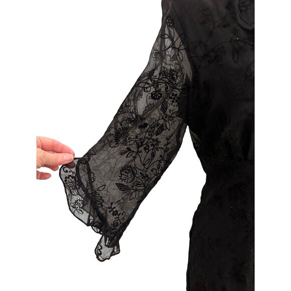 VIntage 90s Whimsigoth Black Midi Dress Sheer Lined Ruffle Fairygrunge Vneck Med - Picture 3 of 9